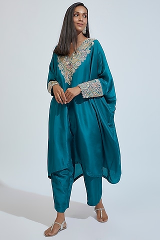 Blue Pure Silk Embroidered Kaftan Set by Mrunalini Rao