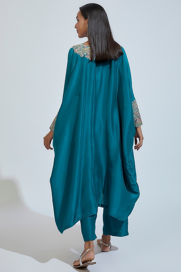 Blue Pure Silk Embroidered Kaftan Set by Mrunalini Rao at Pernia's Pop Up Shop