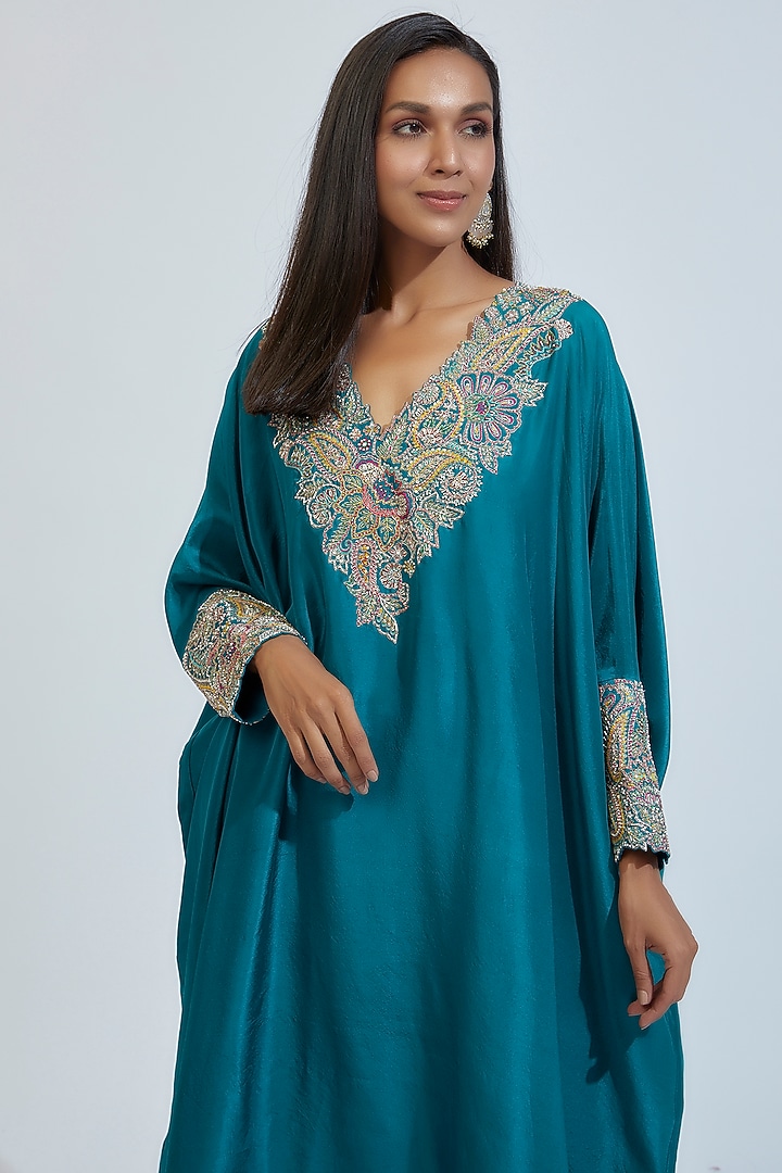 Blue Pure Silk Embroidered Kaftan Set by Mrunalini Rao at Pernia's Pop Up Shop