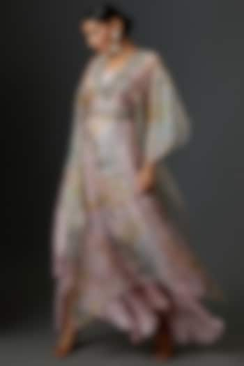 Blush Pink Organza & Dupion Silk Printed Kaftan Set by Mrunalini Rao at Pernia's Pop Up Shop