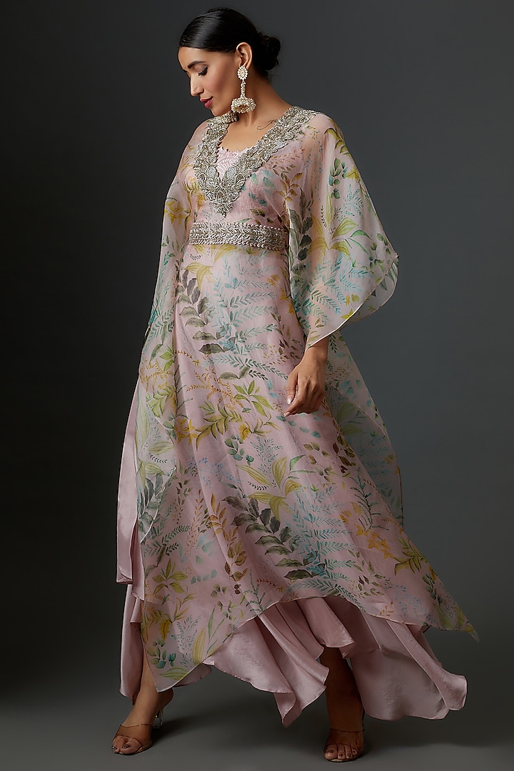 Blush Pink Organza & Dupion Silk Printed Kaftan Set by Mrunalini Rao at Pernia's Pop Up Shop