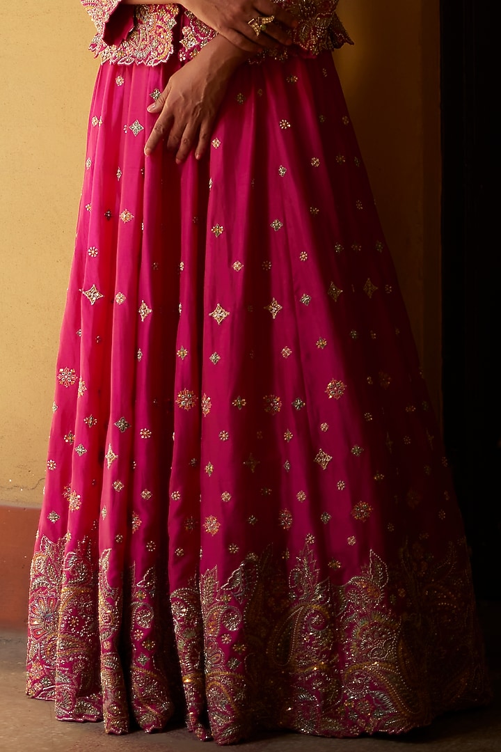 Pink Pure Silk Printed & Embroidered Bridal Lehenga Set by Mrunalini Rao at Pernia's Pop Up Shop