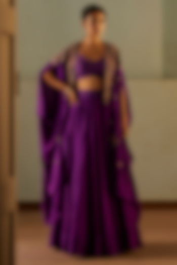 Deep Violet Pure Silk Embroidered Cape Set by Mrunalini Rao