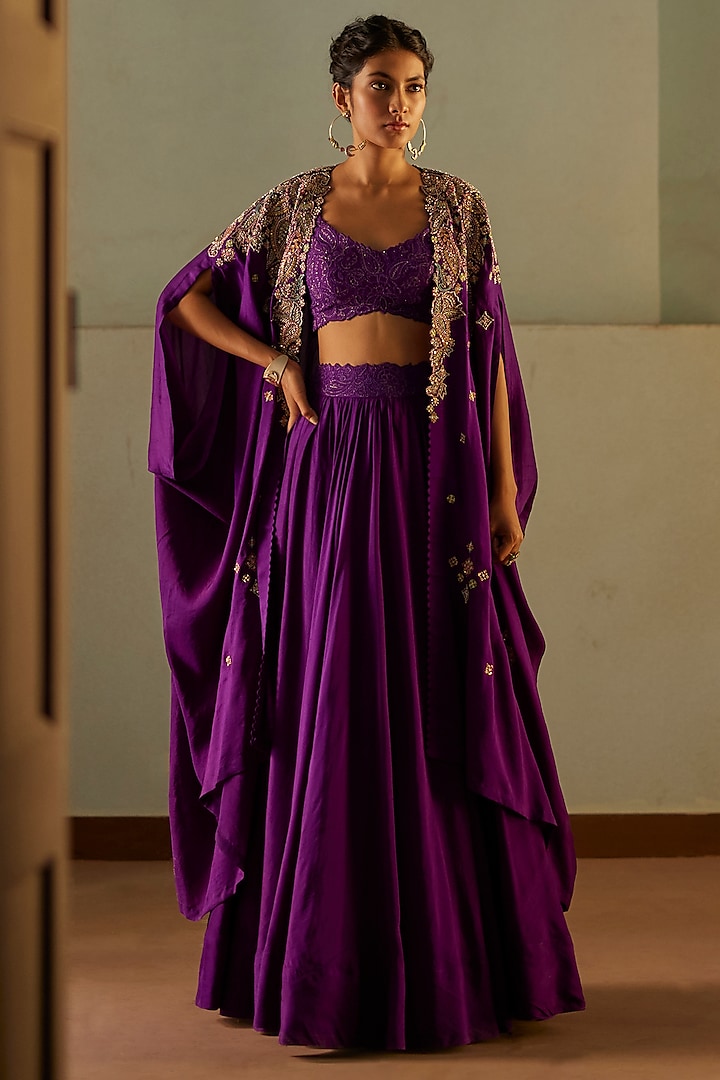 Deep Violet Pure Silk Embroidered Cape Set by Mrunalini Rao