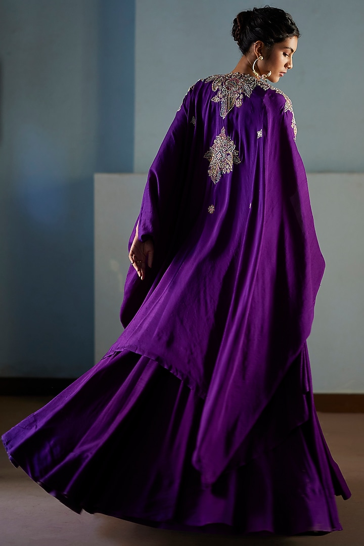 Deep Violet Pure Silk Embroidered Cape Set by Mrunalini Rao at Pernia's Pop Up Shop