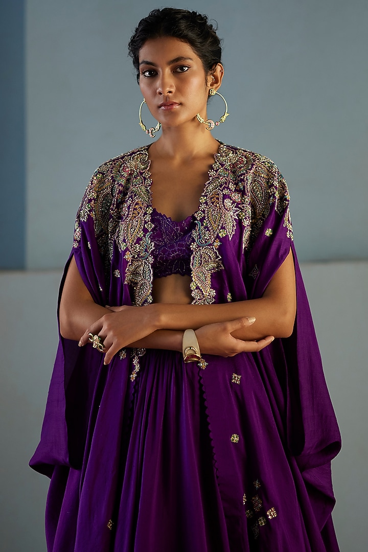 Deep Violet Pure Silk Embroidered Cape Set by Mrunalini Rao at Pernia's Pop Up Shop