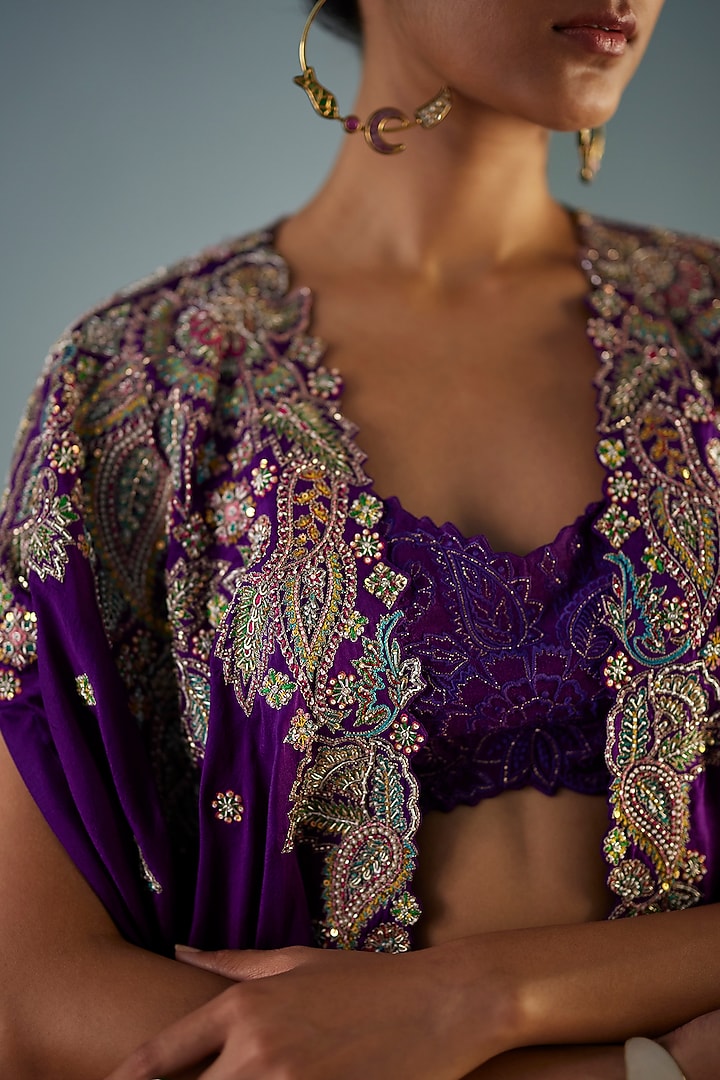 Deep Violet Pure Silk Embroidered Cape Set by Mrunalini Rao at Pernia's Pop Up Shop
