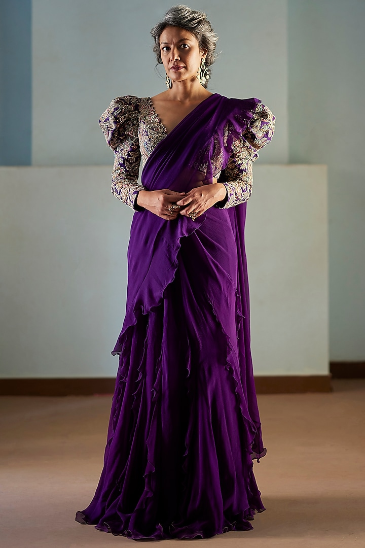 Deep Violet Chiffon Ruffled Saree Set by Mrunalini Rao