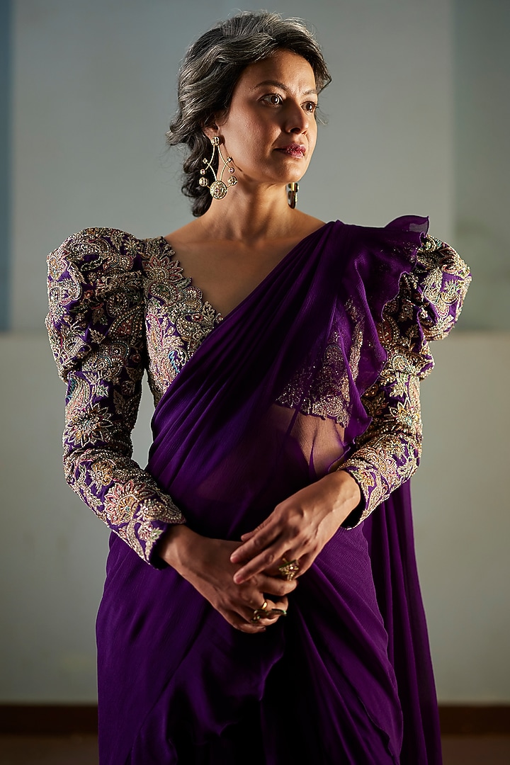Deep Violet Chiffon Ruffled Reception Saree Set by Mrunalini Rao at Pernia's Pop Up Shop