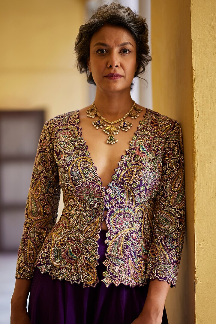 Deep Violet Raw Silk Embroidered Jacket Set by Mrunalini Rao at Pernia's Pop Up Shop