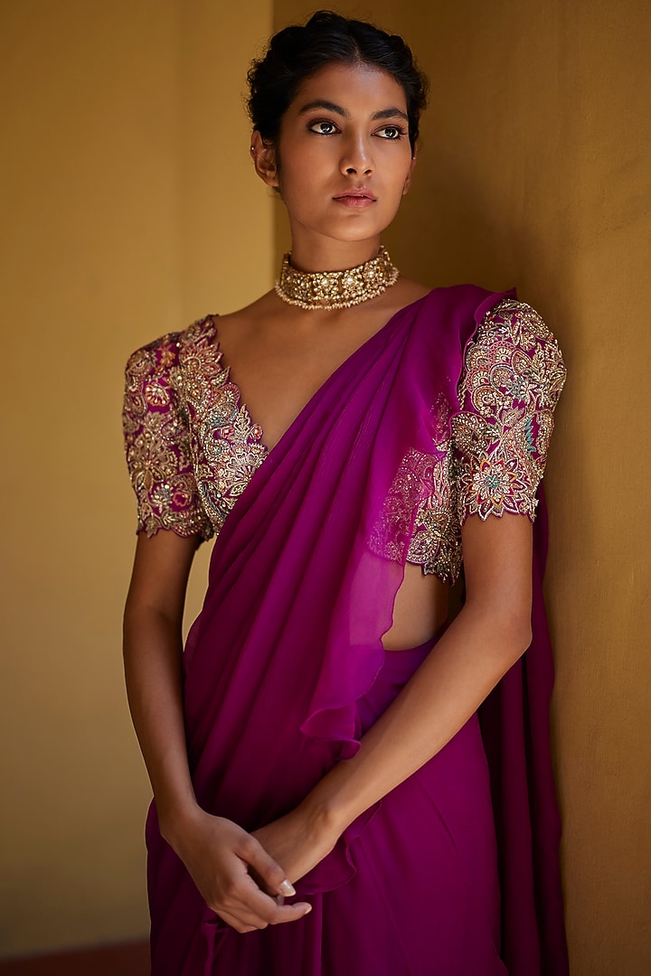 Magenta Chiffon Ruffled Reception Saree Set by Mrunalini Rao at Pernia's Pop Up Shop