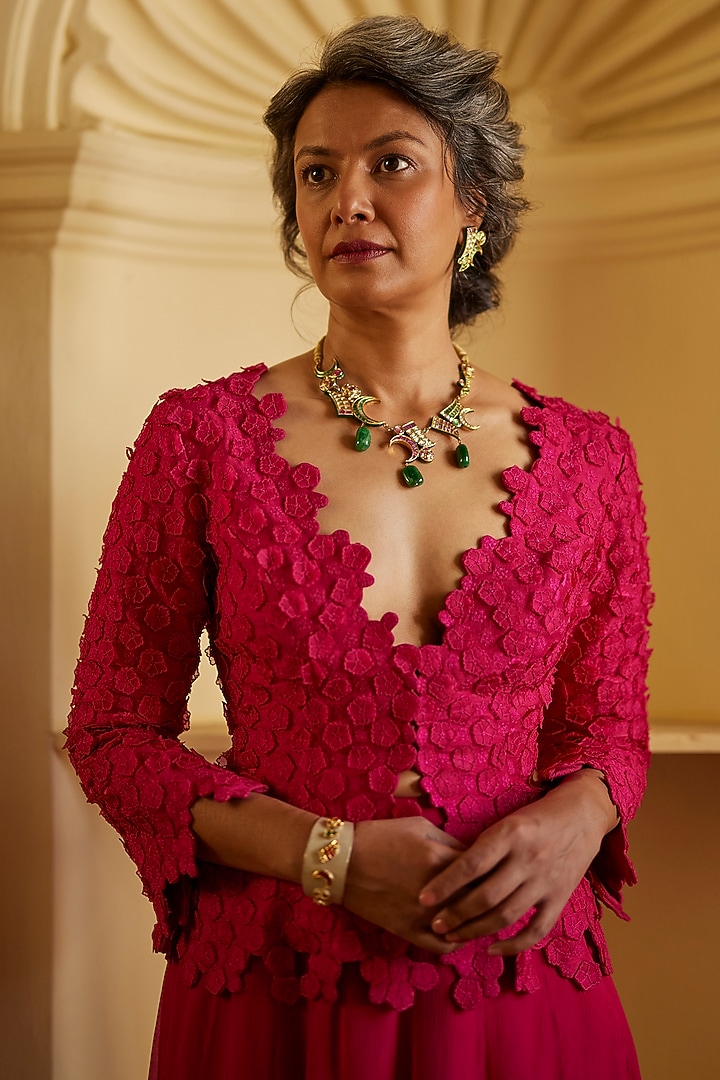 Pink Pure Silk Ruffled Skirt Set by Mrunalini Rao at Pernia's Pop Up Shop