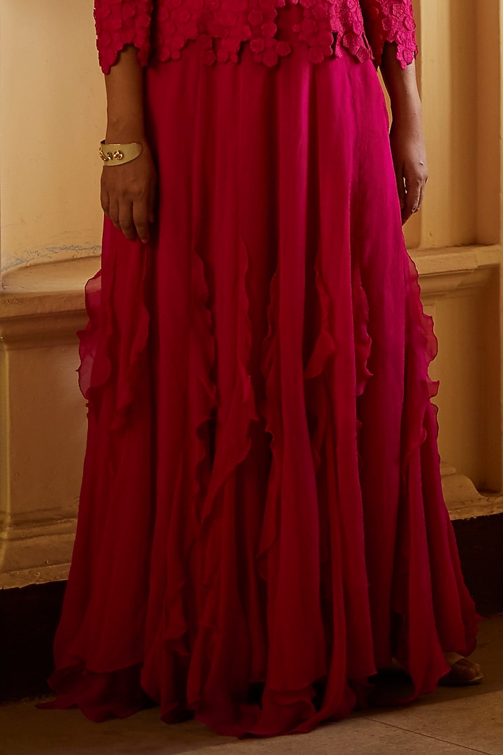 Pink Pure Silk Ruffled Skirt Set by Mrunalini Rao at Pernia's Pop Up Shop