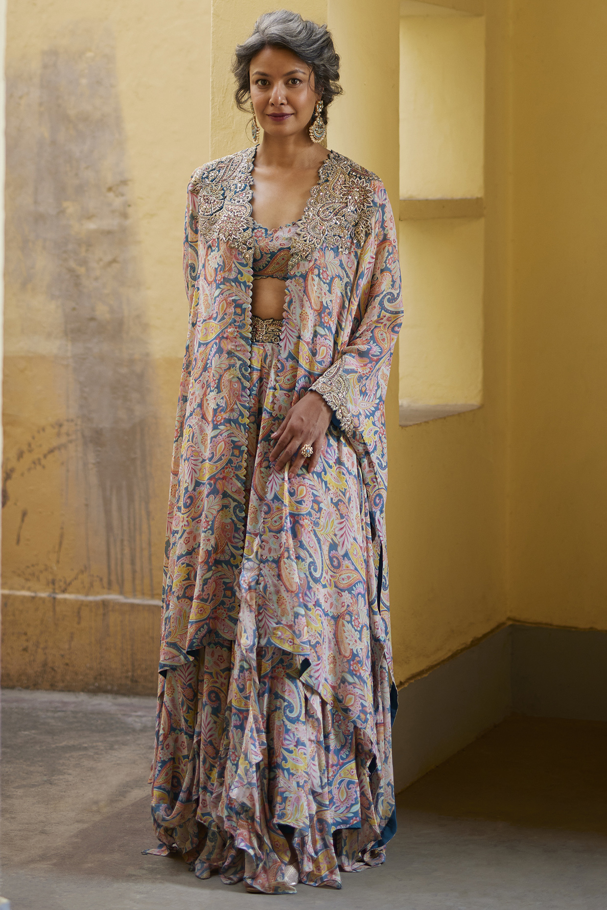 Teal Georgette Printed Cape Set by Mrunalini Rao at Pernia's Pop Up Shop