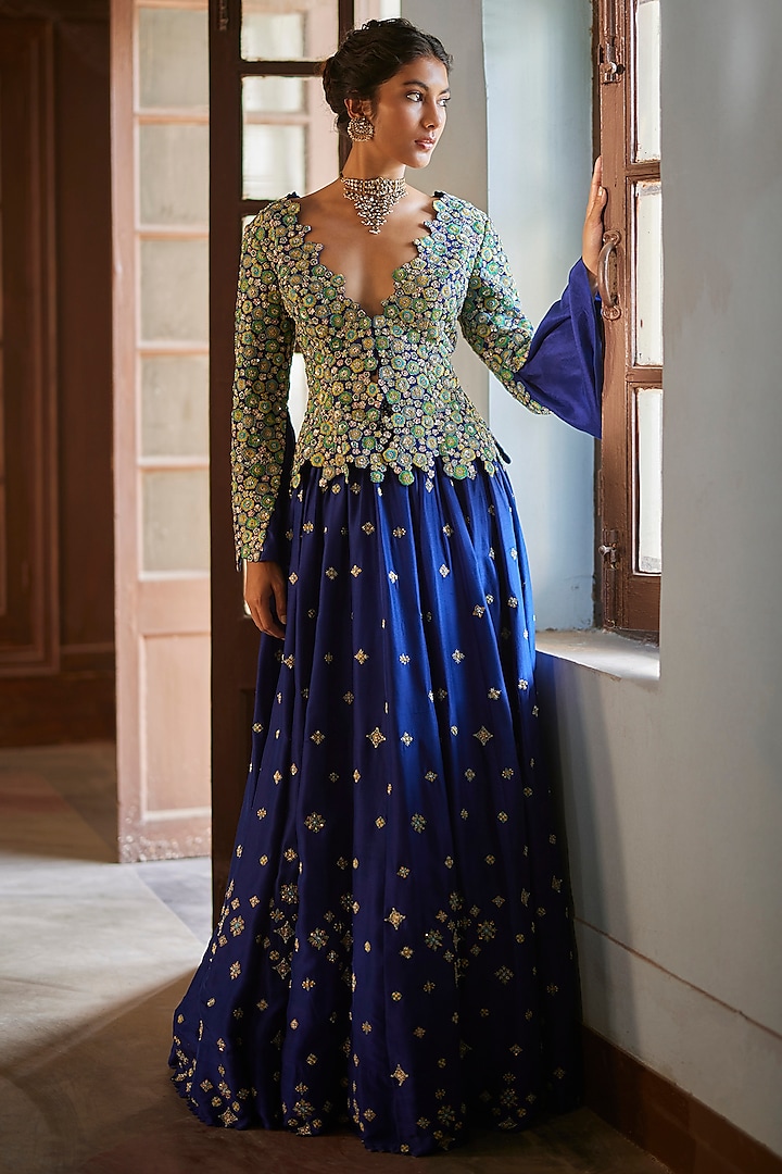 Blue Pure Silk Embroidered Lehenga Set by Mrunalini Rao