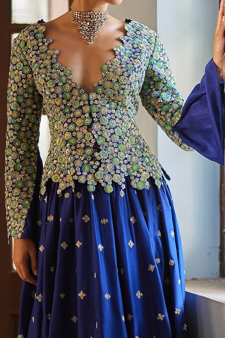 Blue Pure Silk Embroidered Bridal Lehenga Set by Mrunalini Rao at Pernia's Pop Up Shop