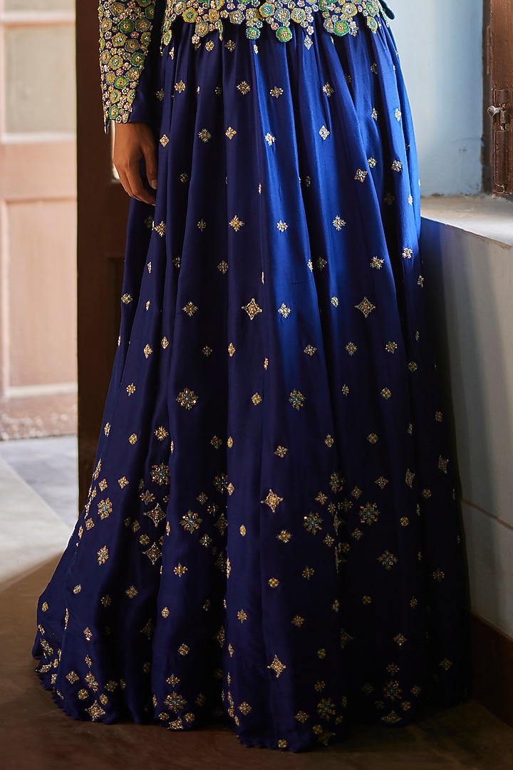 Blue Pure Silk Embroidered Bridal Lehenga Set by Mrunalini Rao at Pernia's Pop Up Shop