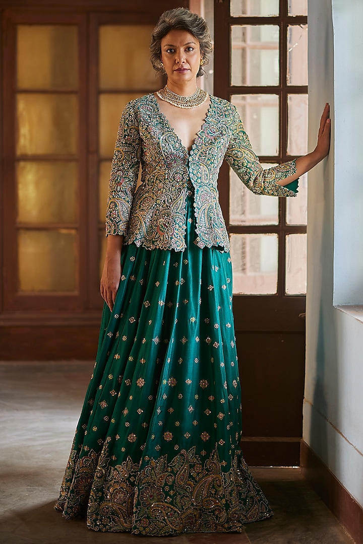 Rama Green Pure Silk Embroidered Lehenga Set by Mrunalini Rao