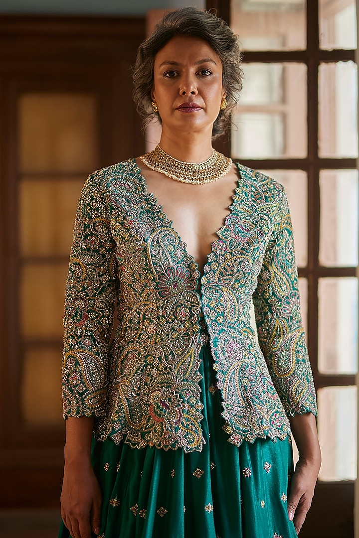 Rama Green Pure Silk Embroidered Bridal Lehenga Set by Mrunalini Rao at Pernia's Pop Up Shop