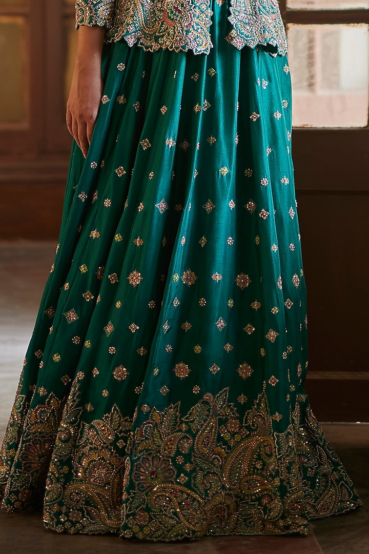 Rama Green Pure Silk Embroidered Bridal Lehenga Set by Mrunalini Rao at Pernia's Pop Up Shop