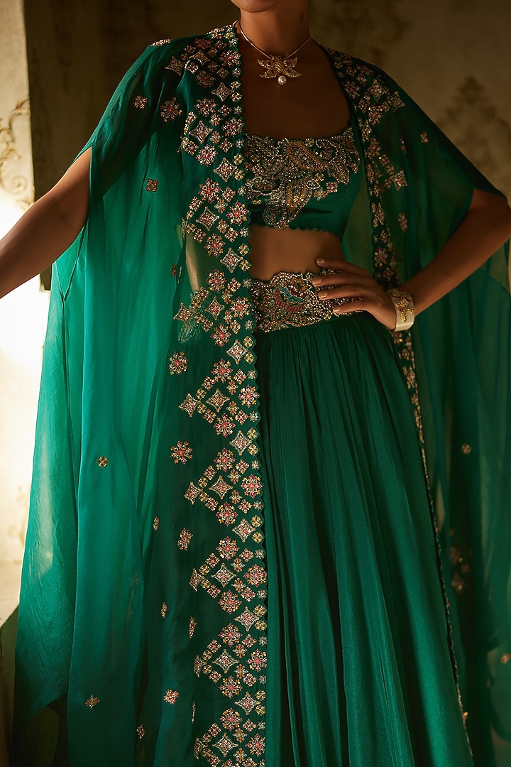 Rama Green Organza Embroidered Cape Set by Mrunalini Rao at Pernia's Pop Up Shop