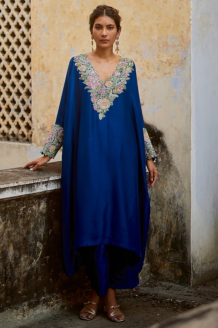 Blue Pure Silk Embroidered Kaftan Set by Mrunalini Rao