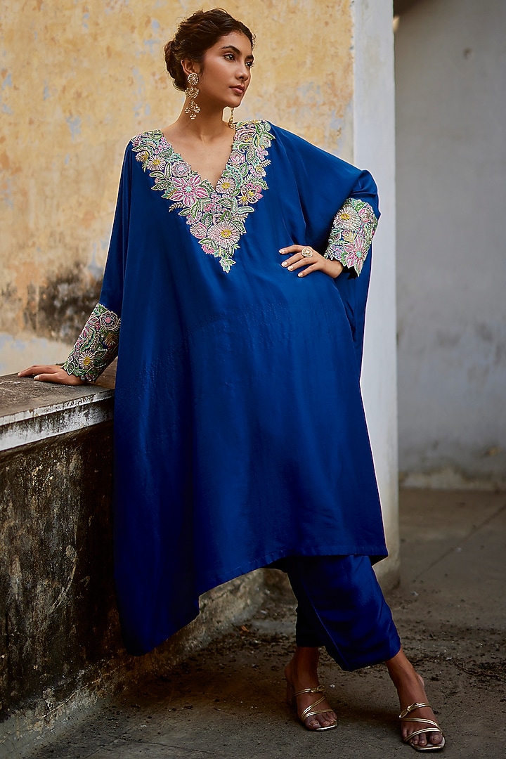 Blue Pure Silk Embroidered Kaftan Set by Mrunalini Rao at Pernia's Pop Up Shop