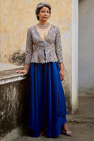 Blue Raw Silk Embroidered Jacket Set by Mrunalini Rao