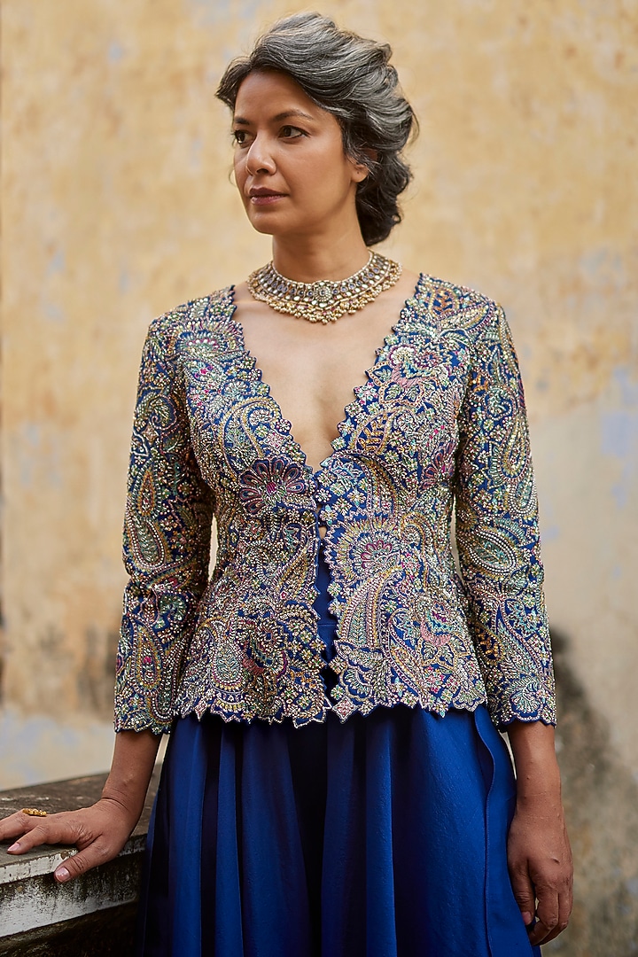 Blue Raw Silk Embroidered Jacket Set by Mrunalini Rao at Pernia's Pop Up Shop