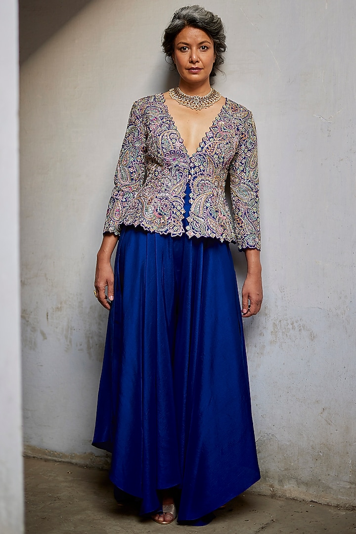 Blue Raw Silk Embroidered Jacket Set by Mrunalini Rao at Pernia's Pop Up Shop