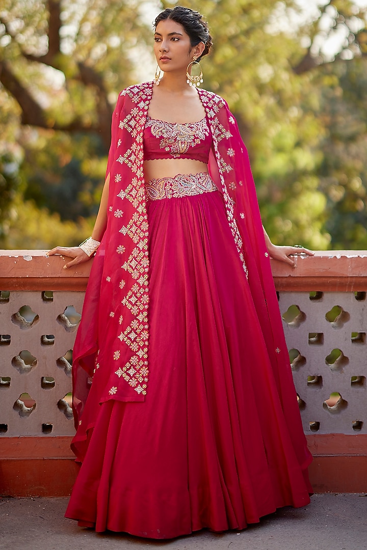 Pink Organza Embroidered Cape Set by Mrunalini Rao at Pernia's Pop Up Shop