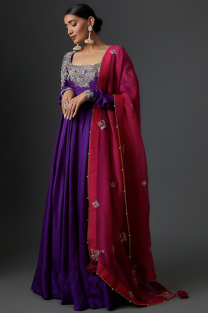 Purple Raw Silk Zardosi Embroidered Anarkali Set by Mrunalini Rao