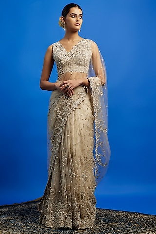 Off-White Net Hand Embroidered Saree Set by Mrunalini Rao