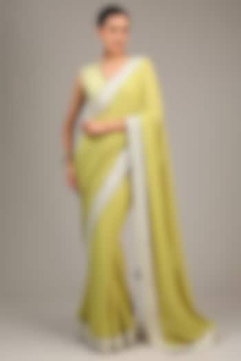 Lime Green Georgette Sequins & Zardosi Embroidered Bridal Saree Set by Mrunalini Rao at Pernia's Pop Up Shop