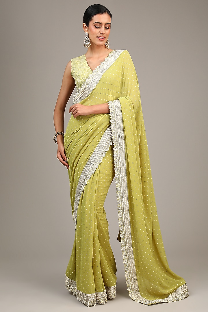 Lime Green Georgette Sequins & Zardosi Embroidered Bridal Saree Set by Mrunalini Rao at Pernia's Pop Up Shop