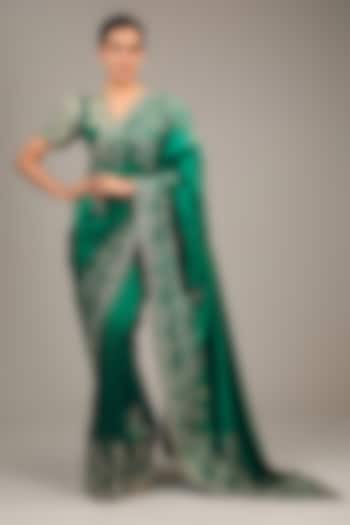 Dark Green Kora Silk Cutdana & Pearl Embroidered Bridal Saree Set by Mrunalini Rao at Pernia's Pop Up Shop