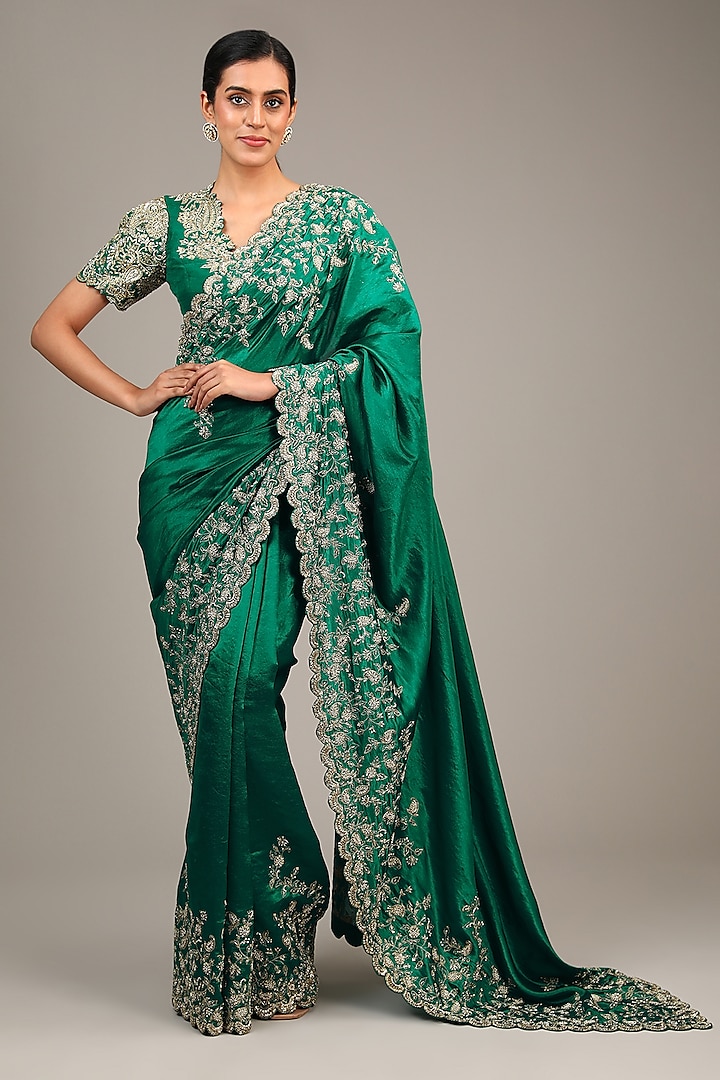 Dark Green Kora Silk Cutdana & Pearl Embroidered Bridal Saree Set by Mrunalini Rao at Pernia's Pop Up Shop