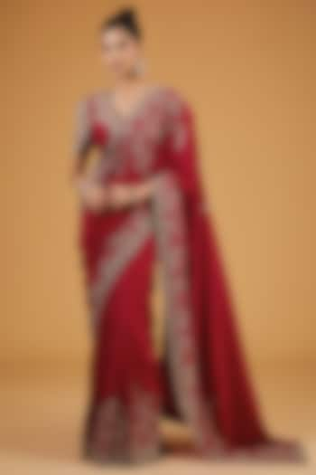 Red Silk Embroidered Saree Set by Mrunalini Rao