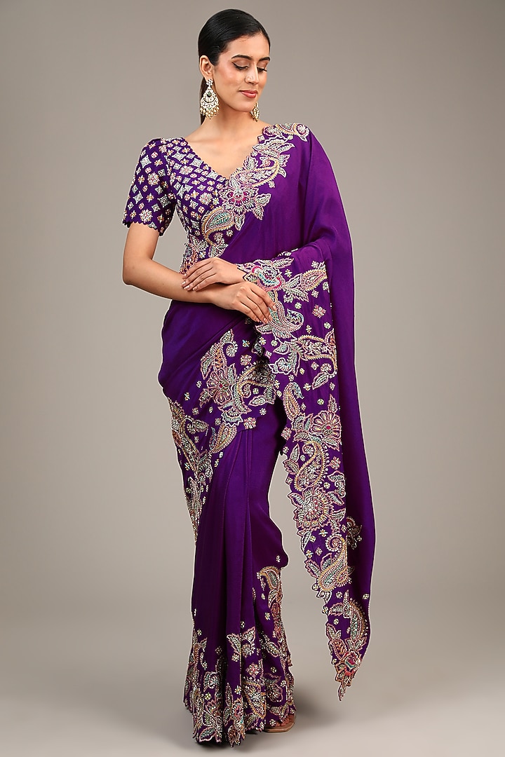 Purple Silk Resham & Pearl Embroidered Bridal Saree Set by Mrunalini Rao at Pernia's Pop Up Shop