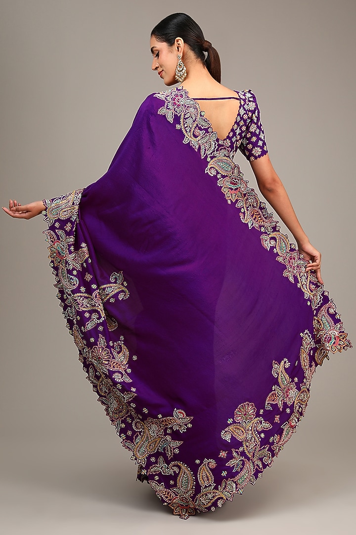 Purple Silk Resham & Pearl Embroidered Bridal Saree Set by Mrunalini Rao at Pernia's Pop Up Shop