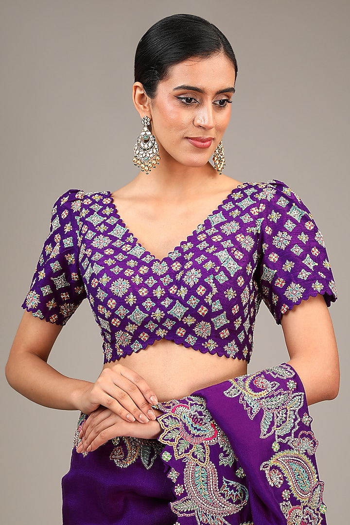 Purple Silk Resham & Pearl Embroidered Bridal Saree Set by Mrunalini Rao at Pernia's Pop Up Shop