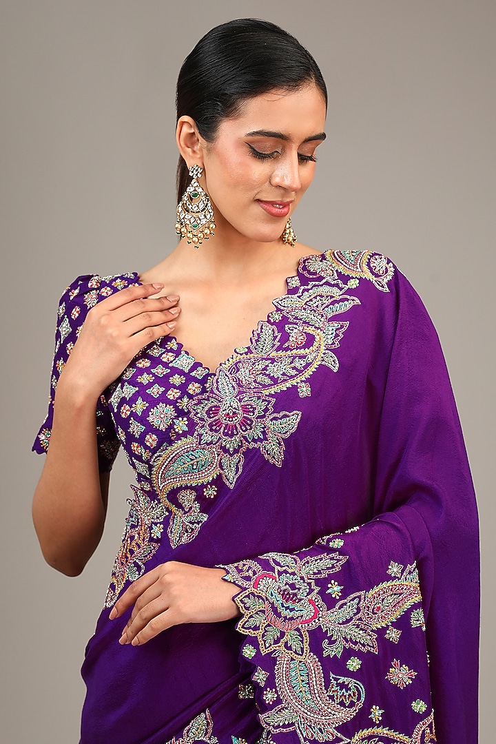 Purple Silk Resham & Pearl Embroidered Bridal Saree Set by Mrunalini Rao at Pernia's Pop Up Shop