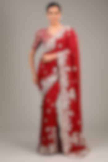 Red Pure Silk Resham & Pearl Hand Embroidered Bridal Saree Set by Mrunalini Rao at Pernia's Pop Up Shop