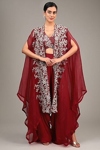 Red Organza Hand Embroidered Cape Set by Mrunalini Rao