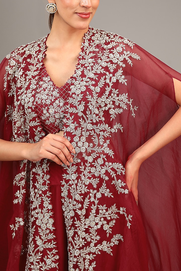 Red Organza Hand Embroidered Cape Set by Mrunalini Rao at Pernia's Pop Up Shop