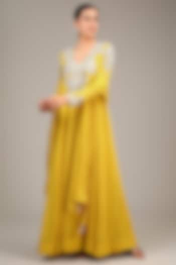 Yellow Georgette & Santon Hand Embroidered Wedding Anarkali Set by Mrunalini Rao at Pernia's Pop Up Shop