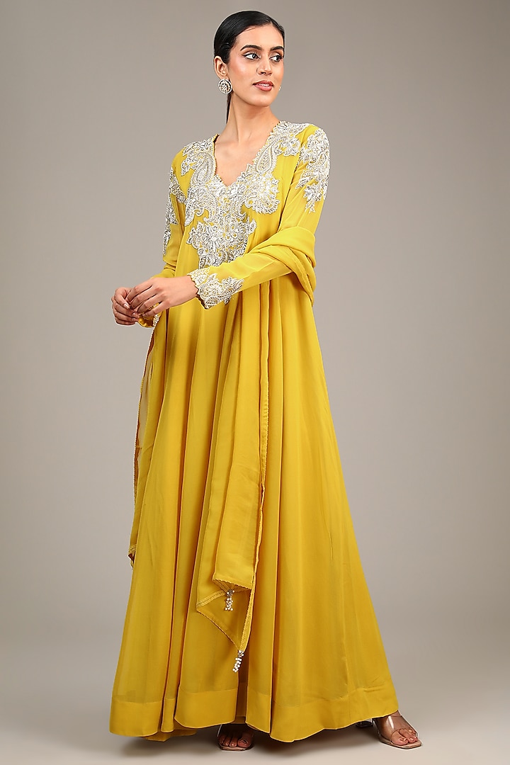 Yellow Georgette & Santon Hand Embroidered Wedding Anarkali Set by Mrunalini Rao at Pernia's Pop Up Shop