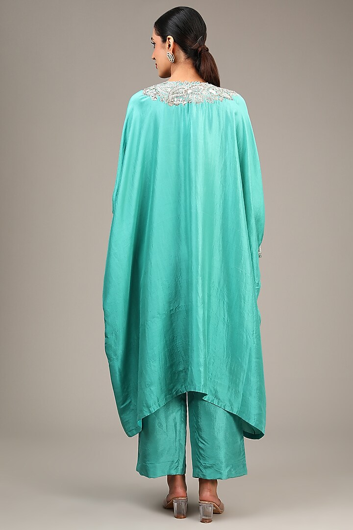 Turquoise Pure Silk Pearl & Zardosi Embroidered Kurta Set by Mrunalini Rao at Pernia's Pop Up Shop