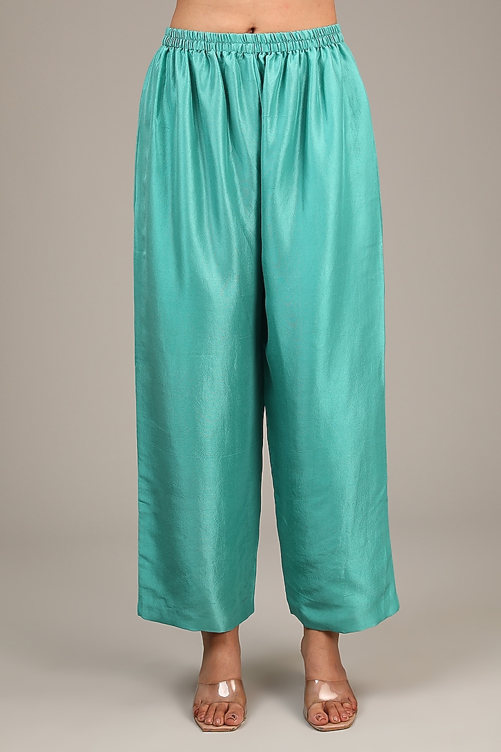 Turquoise Pure Silk Pearl & Zardosi Embroidered Kurta Set by Mrunalini Rao at Pernia's Pop Up Shop