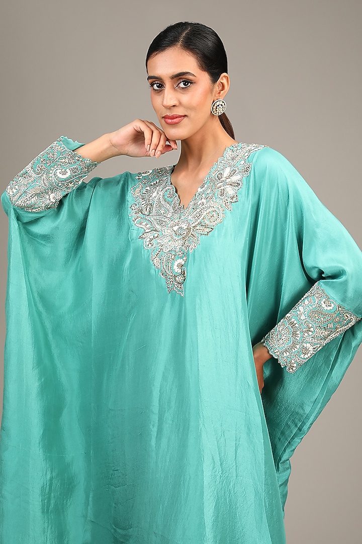 Turquoise Pure Silk Pearl & Zardosi Embroidered Kurta Set by Mrunalini Rao at Pernia's Pop Up Shop